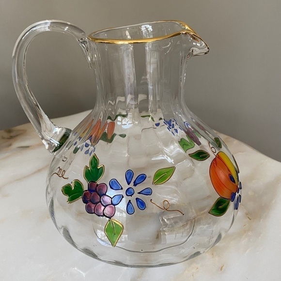 Vintage Hand Painted Fluted Glass Pitcher - Picture 3 of 8